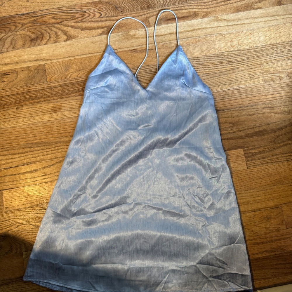 Urban Outfitters Blue Satin Crinkle Mini Slip Dress Strappy Back Size Medium‎ - Picture 5 of 7